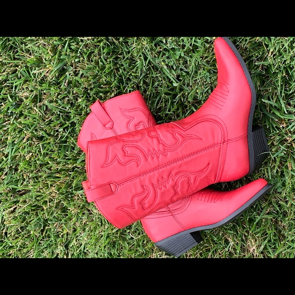Red cowboy knee high pull on boot